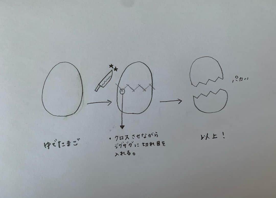 中澤裕子のインスタグラム：「🥚🥚  以前 「お花型のゆでたまご どうやるんですか？」 という質問があったので。  やり方も何も、、 簡単すぎて申し訳ないです。 おまけに この手書き😂  動画撮って編集して というやり方を誰か私に 教えてください。  #アナログ人間 #インスタを使いこなしたい #でも結局は原点アナログ良しでしょ？  #大事なこと忘れてた！ #切れ目は気持ち深目に入れてください」