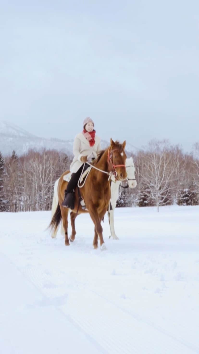 のインスタグラム：「優しい二頭の馬に乗って雪原を一周。スタッフが付いて引き馬で行う乗馬体験は、大人から5歳の子供まで経験がなくても安心して体験できます。」