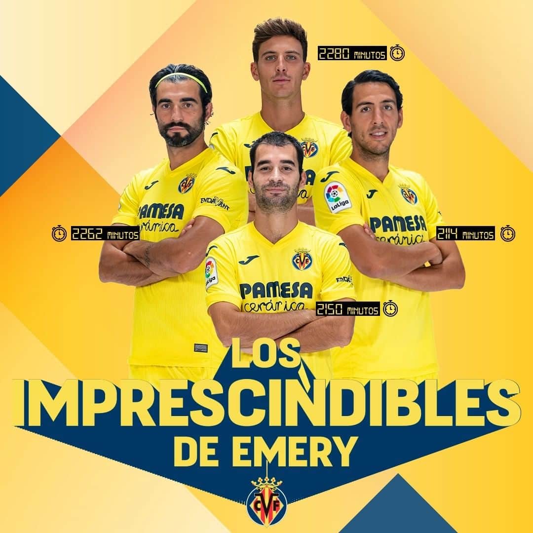 ビジャレアルCFのインスタグラム：「Llueva ⛈️, nieve 🥶 o truene ⚡... ¡Siempre presentes ☝️!...  ¡¡¡𝑳𝒐𝒔 𝑰𝒎𝒑𝒓𝒆𝒔𝒄𝒊𝒏𝒅𝒊𝒃𝒍𝒆𝒔 𝒅𝒆 𝑬𝒎𝒆𝒓𝒚 🦸‍♂️!!!  Pau Torres, Raúl Albiol, Manu Trigueros y Dani Parejo han superado los 2.000 minutos en competición oficial esta temporada.  Come rain 🌧, snow 🥶 or storms ⚡️... They’re always here ☝️!...  𝑬𝒎𝒆𝒓𝒚’𝒔 𝒊𝒏𝒅𝒊𝒔𝒑𝒆𝒏𝒔𝒂𝒃𝒍𝒆𝒔 🦸‍♂️!!!  Pau Torres, Raúl Albiol, Manu Trigueros and Dani Parejo have all played more than 2,000 minutes in official matches this season.  #Villarreal #futbol #soccer #football #submarino」