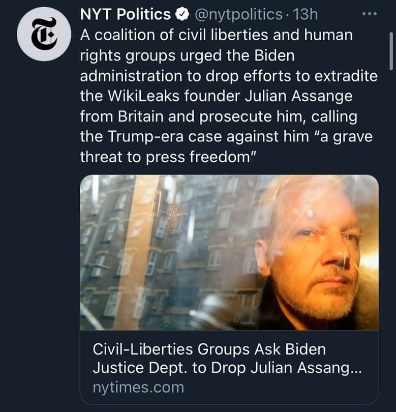 WikiLeaksさんのインスタグラム写真 - (WikiLeaksInstagram)「Civil-Liberties Groups Ask Biden Justice Dept. to Drop Julian Assange Case  New York Times #FreeAssangeNOW」2月9日 20時15分 - wikileaks