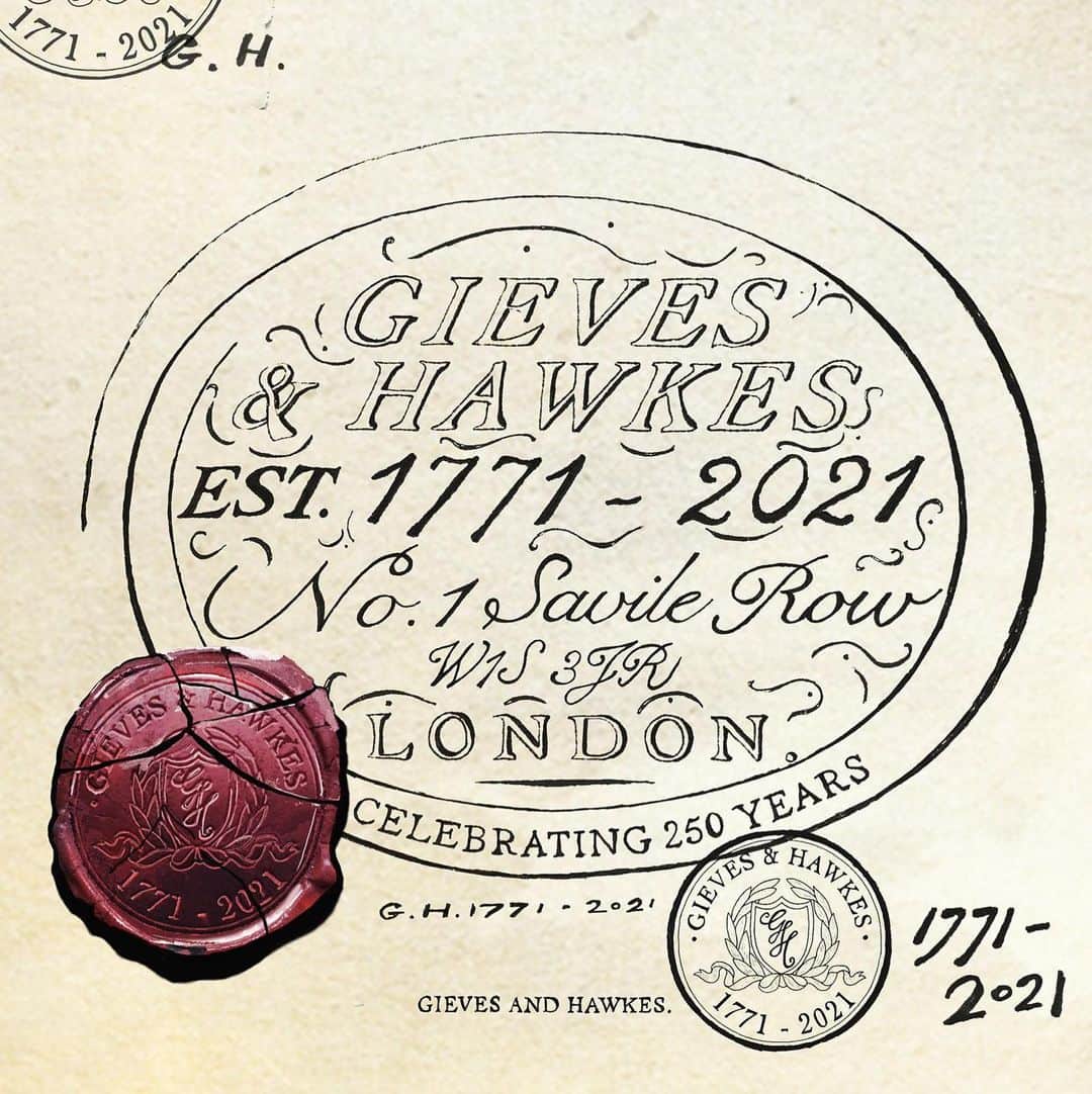 ギーブス&ホークスのインスタグラム：「A homage to the brands archive. The Gieves & Hawkes logo reworked to celebrate the brand’s 250th year.   #GievesandHawkes #GH250」