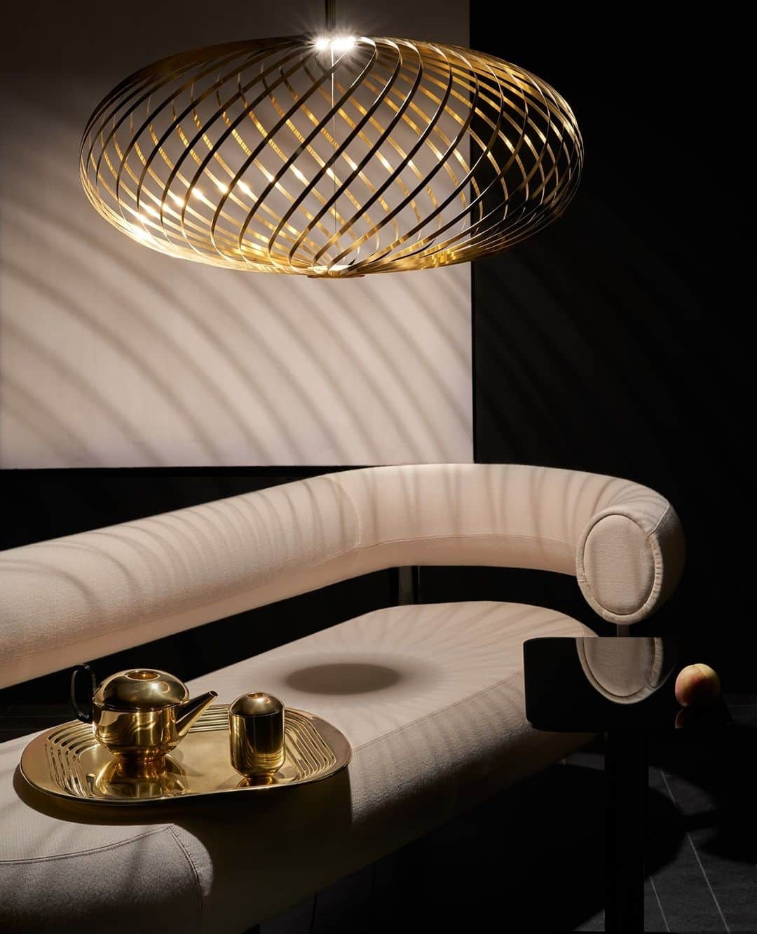 トム ディクソンのインスタグラム：「It's fat, it's round, it's cuddly...⁠ FAT, our new upholstery chair range is designed to hug the body and allows for multiple sitting position.⁠ ⁠ Featuring Tom Dixon FAT chaise, SPRING pendant and FORM accessories.」