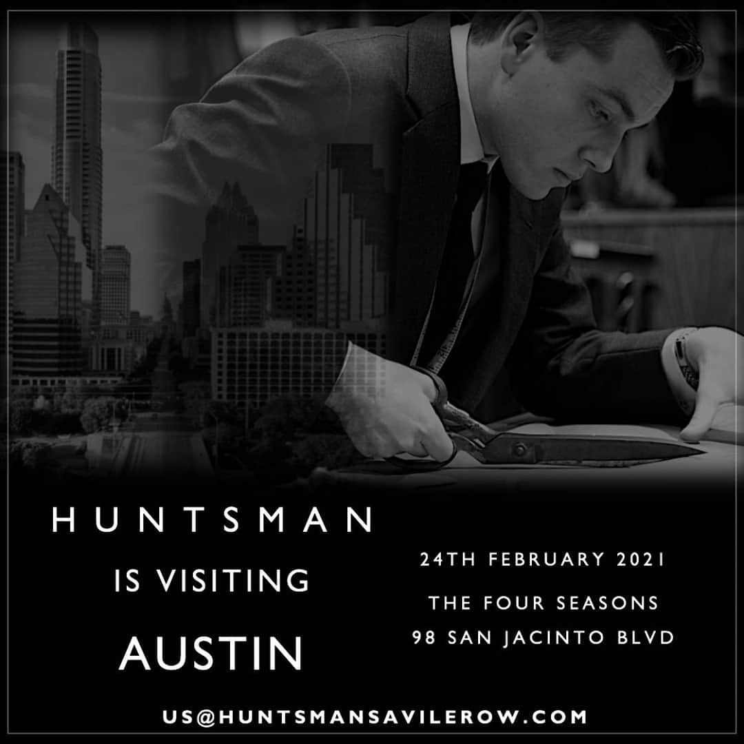 ハンツマンのインスタグラム：「Huntsman is visiting Austin on the 24th of February. Email us@huntsmansavilerow.com to make an appointment with Ed and Ralph and enjoy the finest Savile Row tailoring, or visit LinkInBio for our full dates and schedule.  #Huntsman #HuntsmanUSA #HuntsmanW57th #CustomSuits #CustomMade #CustomTailoring #AustinTexas #TrunkShow  #Bespoke #BespokeTailoring #SavileRow #HuntsmanSavileRow  #Menswear #Businesswear #Suiting #LuxuryMenswear #Concierge #MensStyle #BritishTailoring」
