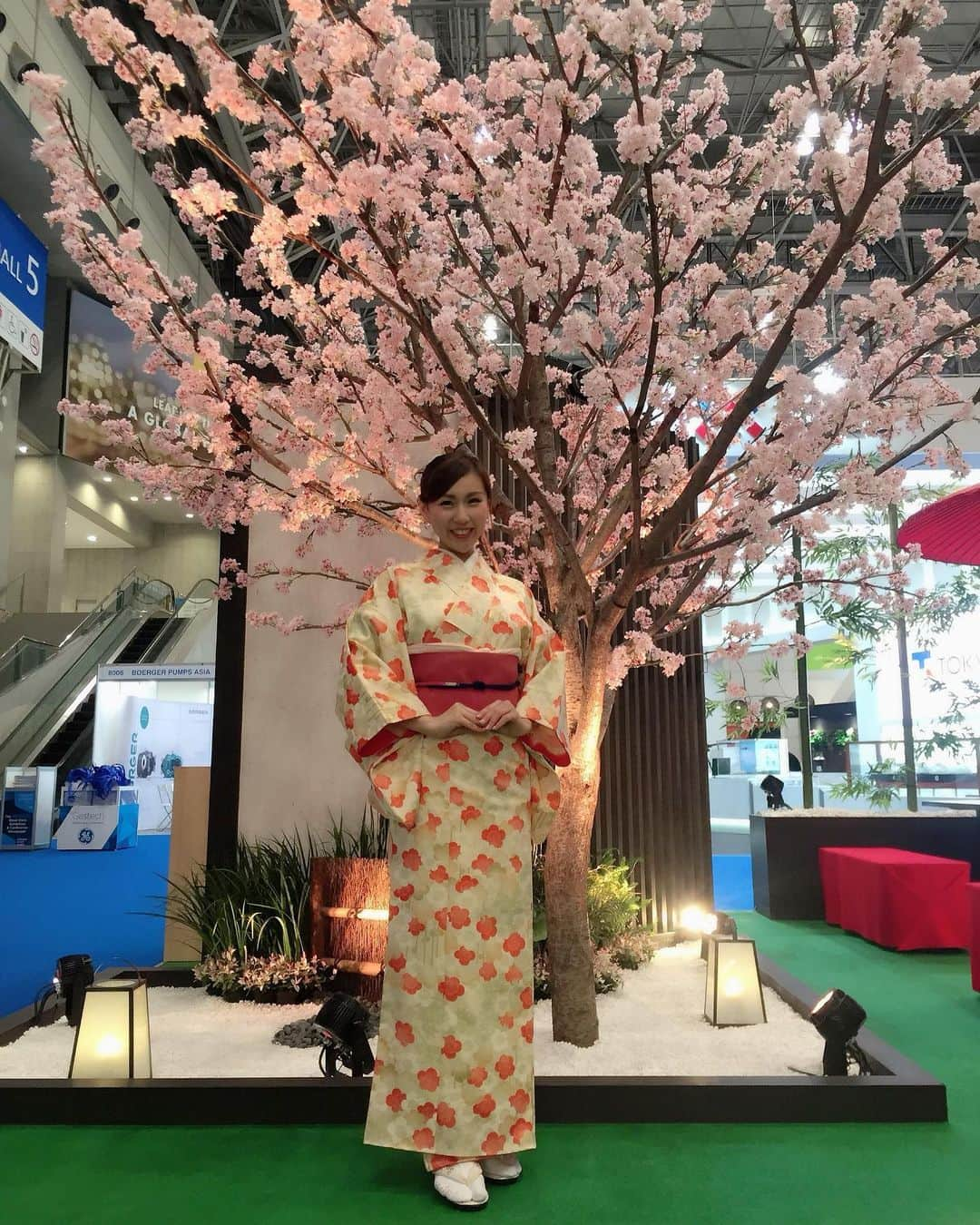 岡村真依のインスタグラム：「どうも❣️女将さんです👘✨ って言いたくなる写真〜😆🌸🌸🌸  この時の着物、女の子1人1人に似合うものを選んで用意してくださったんだ💕 ぅん❣️この着物やっぱり好き🥰✨✨ 色も柄も素敵すぎる❤️❤️❤️  春待ち遠しいね🥺🍡  あえて幕張メッセ感を残したままアップするょ🙈笑  #過去pic #kimono #着物 #japanesegirl #japaneseculture #sakura #cherryblossom #🌸 #春 #幕張メッセ #promotionalmodel #eventhostesses #キャンギャル #prgirl #✈️」