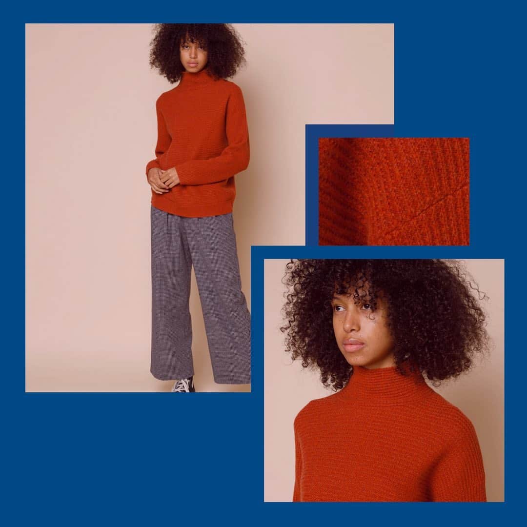 フォークのインスタグラム：「Brrrr. Bright Brick Red funnel neck now in sale. Super soft finish merino wool with cosy neckline and drop shoulder. Oh and also in #navy.  #womenstyle #knitwear #sale」