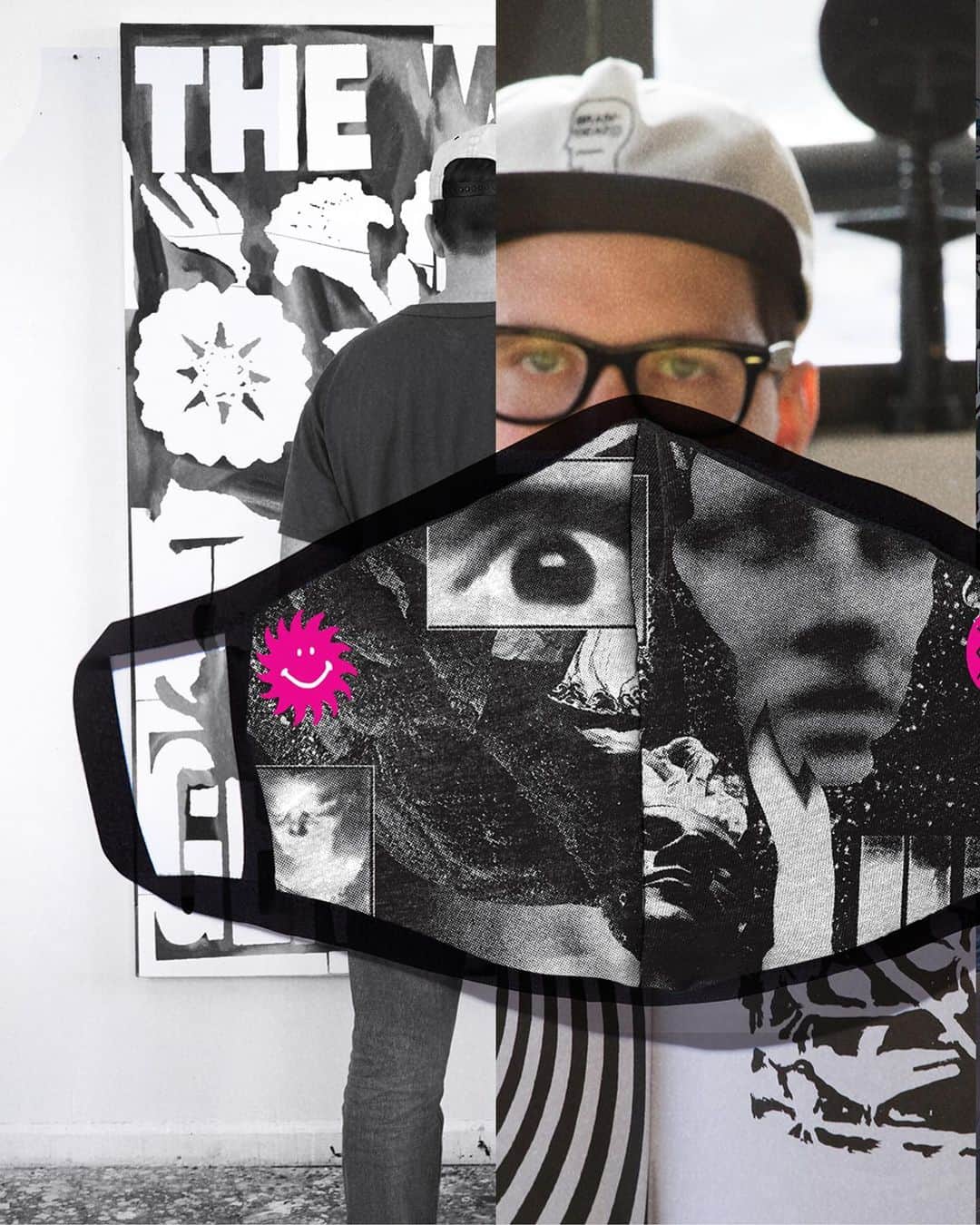 Stanceのインスタグラム：「Language of communication 🎨... We are honored to officially welcome B. Thom Stevenson, @bthomstevenson a multidisciplinary artist we've had the privilege of collaborating with since 2018, to our family of Punk & Poets. The New York-based artist’s cycle of painting and Xeroxing an eclectic mix of cultural artifacts, symbols and language, then juxtaposing them in an impactful way, visualizes gaps between cultures yet somehow speaks to us all.  Available today, B. Thom has designed a limited-edition mask that acknowledges the current cultural ritual of putting one on before heading out into the world. Collaged facial motifs combined with surreal images of the outdoors - and an icon of the sun to serve as a good luck charm - adorn this Butter Blend-poly blend adjustable mask available exclusively on Stance.com. Tap the pic to learn more. Want to learn more about B. Thom? We caught up with the NYC based artist to learn about his early influences, artistic process and and wise insights for up and coming creatives....Link in bio. #punkandpoets」