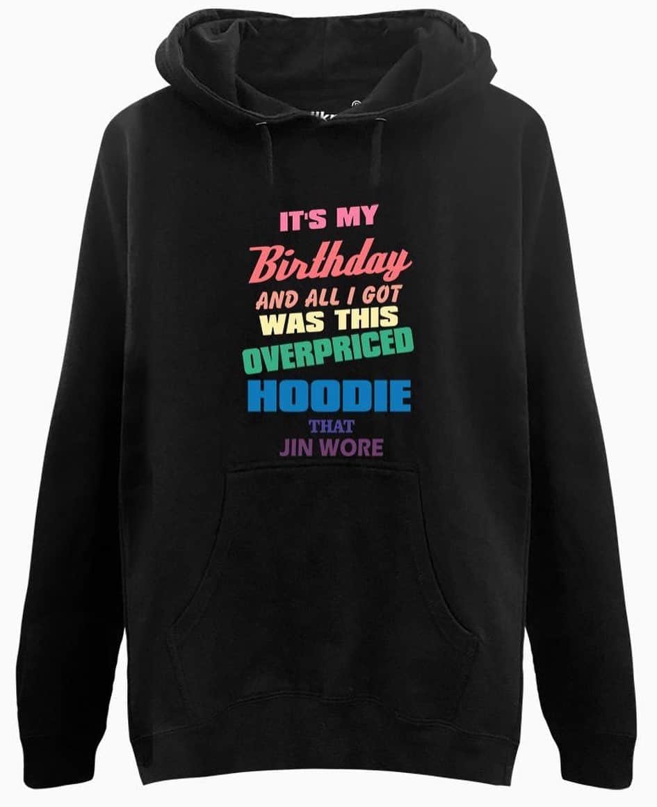allkpopTHESHOPのインスタグラム：「Proudly wear your overpriced hoodie like #Jin 🥰  https://shop.allkpop.com/collections/hoodies/products/birthday-jin-hoodie」