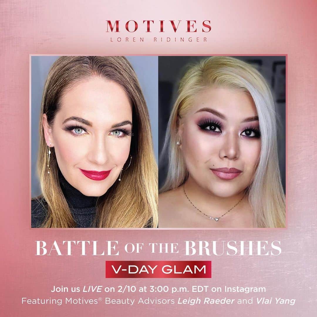 Motives Cosmeticsのインスタグラム：「We’re hanging out LIVE right here on Insta for Battle of The Brushes V-Day edition!💋 Motives Beauty Advisors @leighraeder and @vlaipadeeyang will be going head to head to create stunning V-Day looks using the Motives for @lala Static Palette. They’ll also be to sharing their favorite makeup tips with you 💄Tune in for the fun!」