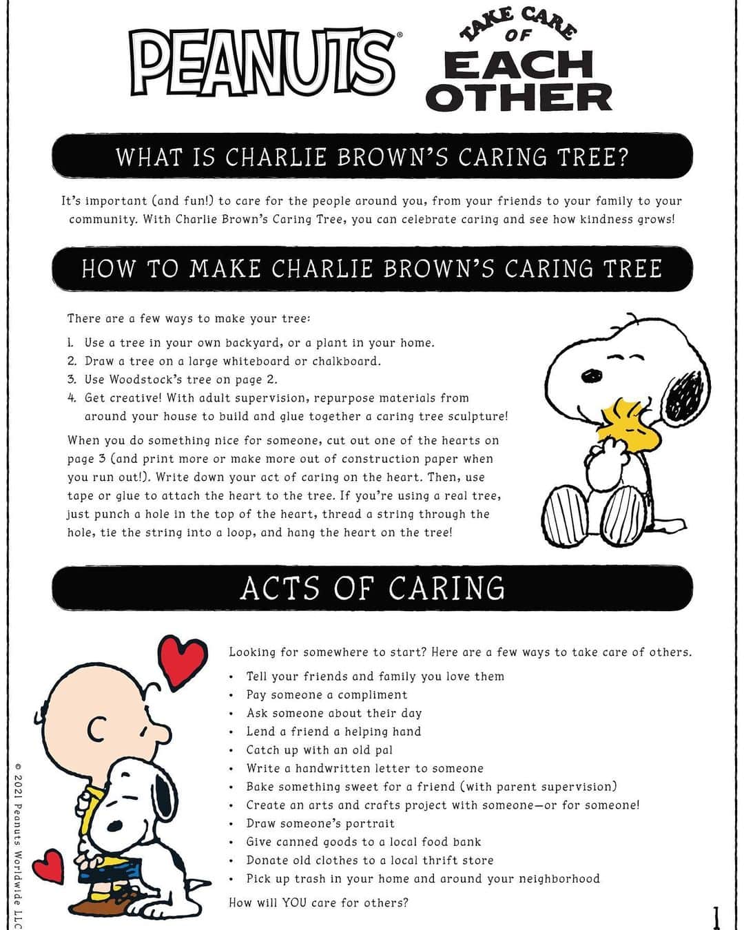 スヌーピーのインスタグラム：「Show how kindness grows by creating your very own Charlie Brown Caring Tree! From telling friends and family you love them to donating clothes, celebrate the many ways we can take care of each other. Download for FREE now at #linkinbio. . Tag @snoopygrams to show us how you #takecareofeachother and you may be featured in our stories #TakeCareWithSnoopy」