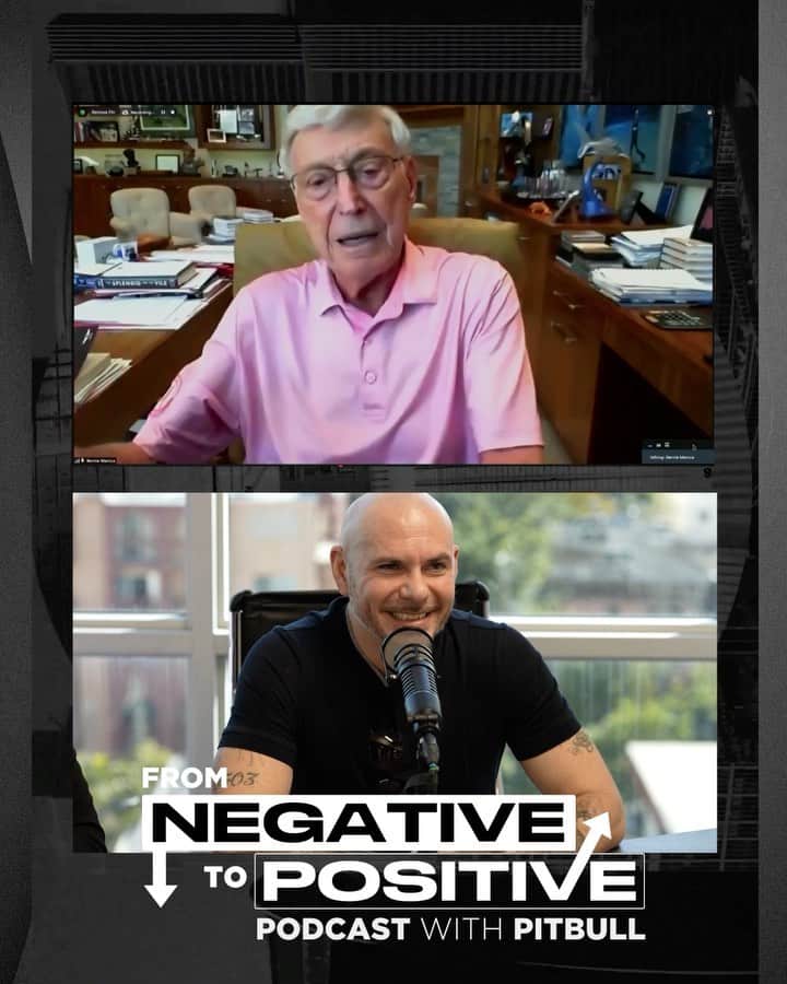 ピットブルのインスタグラム：「It’s never too late to start living your dream. It was an honor speaking with billionaire, former CEO, & co-founder of Home Depot, Bernie Marcus, on the latest episode of #FromNegativeToPositive Podcast. Listen to the rest of the episode and how he turned his life around at the age of 48 to co-found America’s largest home improvement store and how he is continuing his legacy at 91. 👂🏼Link in bio.」