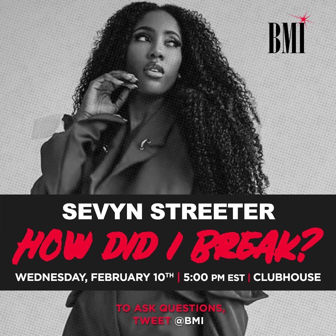 Broadcast Music, Inc.さんのインスタグラム写真 - (Broadcast Music, Inc.Instagram)「Tomorrow we’re chatting with the incomparable @sevyn! Join us as we talk about how she broke into the industry and her journey as a songwriter! Join us on #Clubhouse. Tap the 🔗 in our bio. Also, leave your questions for #SevynStreeter below! #BMIHDIB」2月10日 5時25分 - bmi