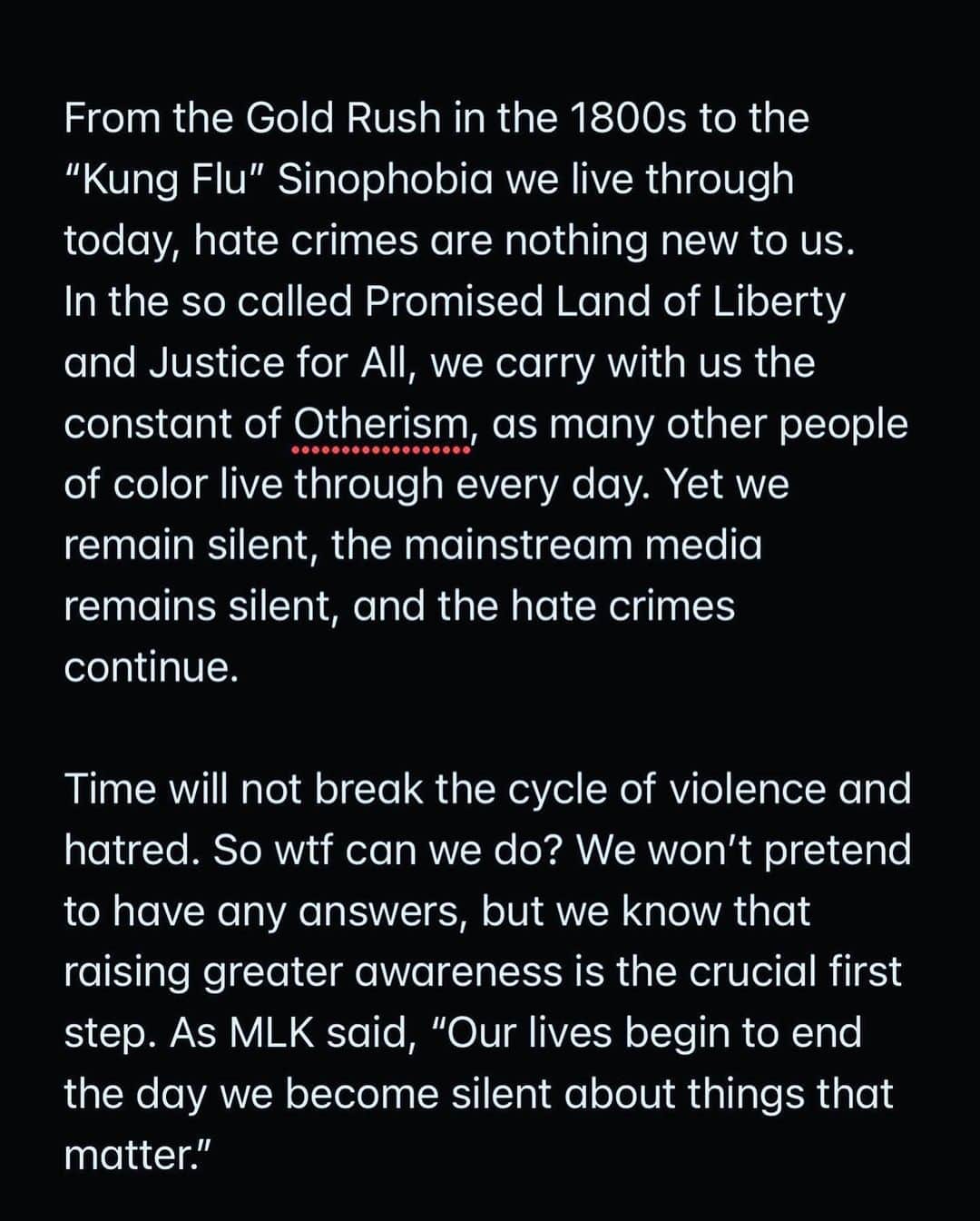 パク ・スジュのインスタグラム：「As racially charged hate crimes on AAPIs continue to surge, the hope is to raise our voices and make it known: we need justice and equality. I also want to add that silence, while it should NEVER be automatically translated as compliance, should be broken. It is the only way we can be heard so that we can build and push forward for the better.   I hope we can treat one another with love and consideration. Think of others as if they’re an extension of our own family.」