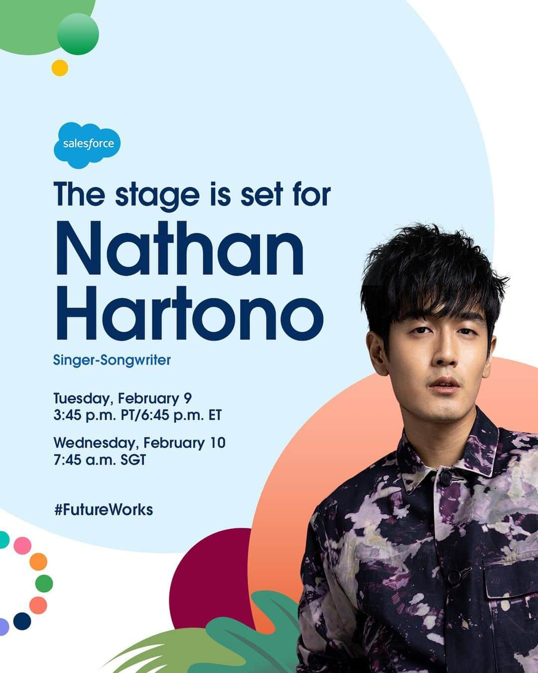 Salesforce さんのインスタグラム写真 - (Salesforce Instagram)「🎤 Join us LIVE for #FutureWorks for a performance from international superstar @NathanHartono. 🎤  Register to watch at the link in bio. ➡️」2月10日 7時53分 - salesforce