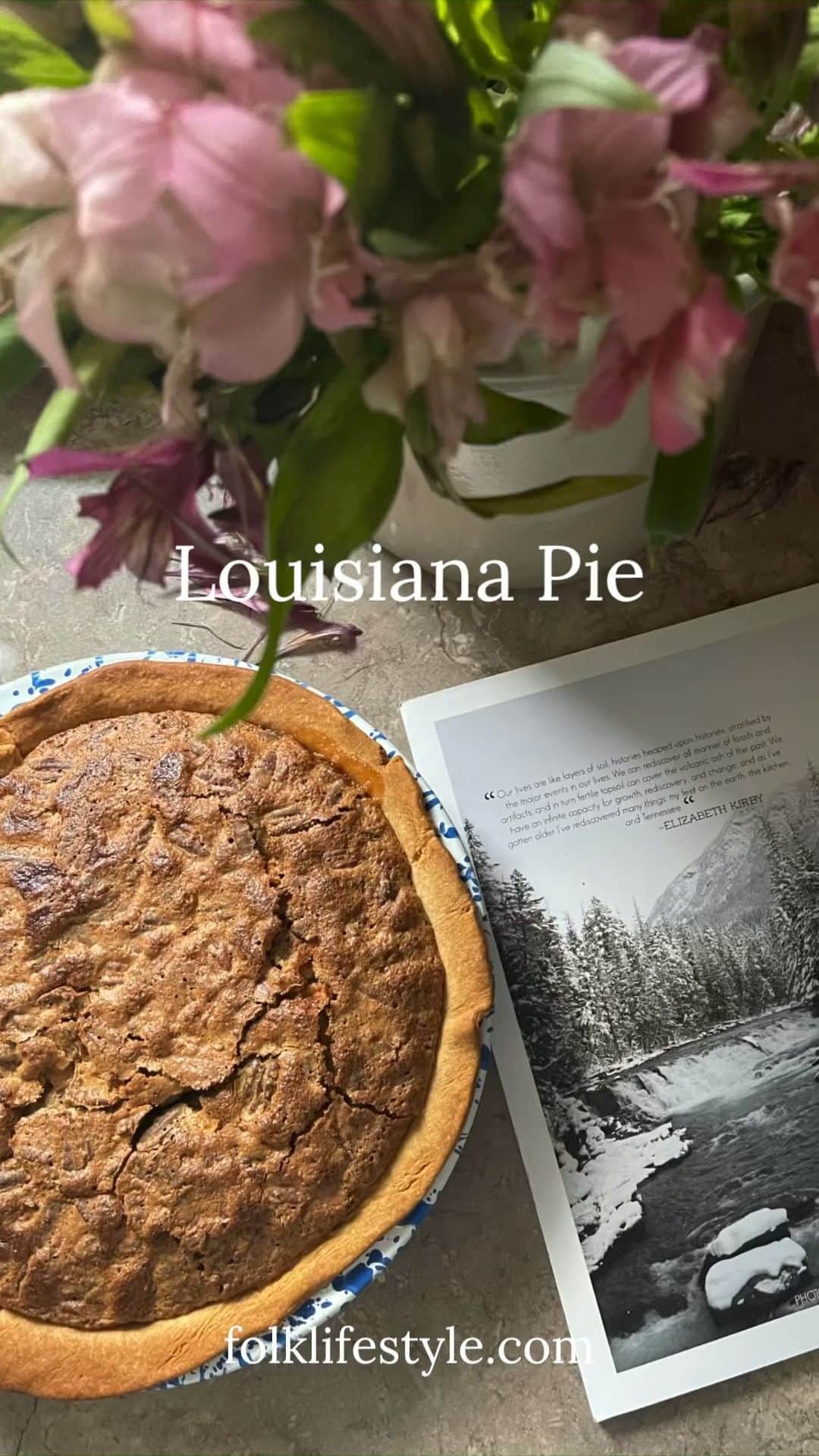FOLKのインスタグラム：「It feels like the snow is never going to end and now they're calling for ice. I wanted to make a dessert that felt good and warm. I went to an old church cookbook that I found in storage. A southern staple sort of pie. A chess pie sort of thing with pecans. Its rich, caramelly, and warm. It felt like the perfect recipe to do my second IGTV video. If you like the video please let me know. I'd like to keep doing them.」