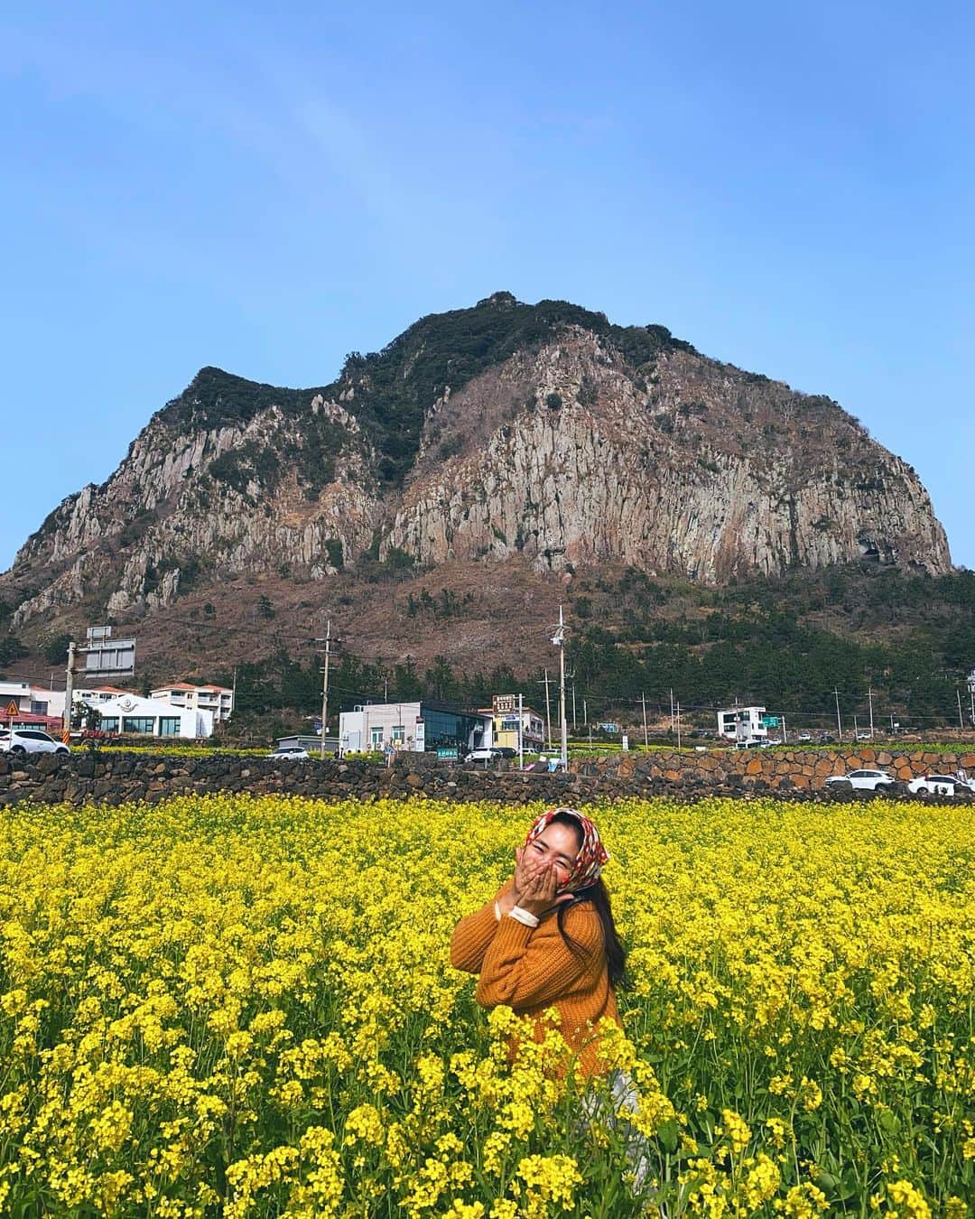 チン・ジェヨンのインスタグラム：「. 💛 매일 지나다니며보기만했는데 이렇게나 봄이왔구낭  오늘은 장보러가다가  이천원으로 행복해버리기.  찍히는사람 처넌. 찍는사람 처넌 🙃 . . 🌿서귀포시 산방산아래 유채꽃밭이예요 . #진재영_제주지엔느  #유채꽃 #봄바람 #마스크는사진찍을때만잠시😷 . .」