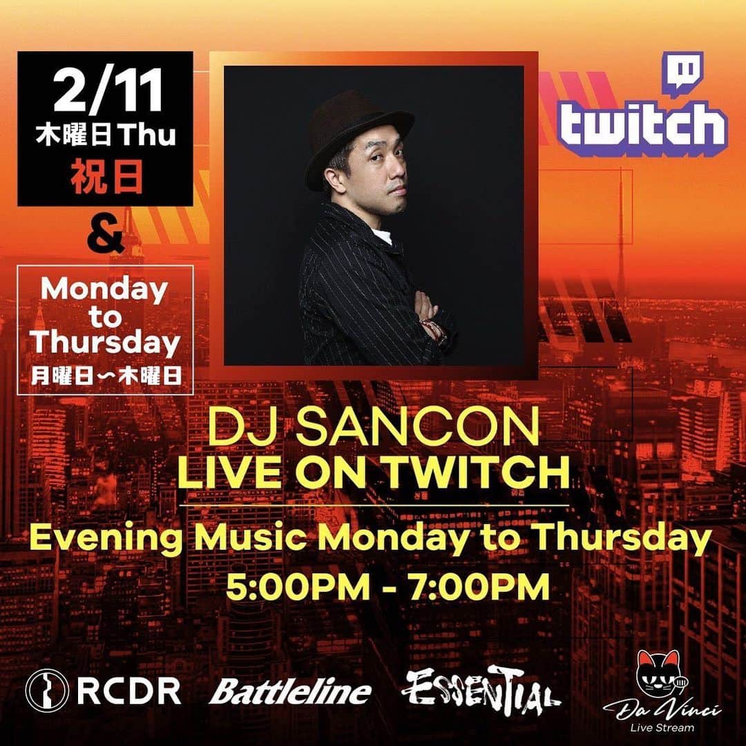 DJ SANCONさんのインスタグラム写真 - (DJ SANCONInstagram)「明日木曜日祝日は 17時〜19時にEvening Music  ライブ配信やります！  夕方気持ち良く聞ける音楽中心に いろいろ流そうかと思ってます！  視聴はTWITCH (ツイッチ)から プロフィールからJUMPできます 😎✌️  tomorrow 2.11 Thursday live on twitch 5pm → 7pm  #twitchlive #twitchdj #twitchdjing  #livestreaming #twitchlivestream  #djsancon #twitchdj #twitchdjing  #livestreaming #twitchlivestream  #ツイッチ配信  #ツイッチ」2月10日 18時26分 - djsancon