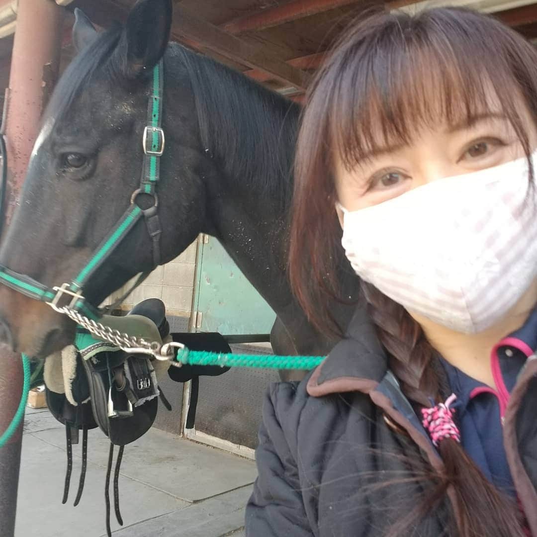 のインスタグラム：「今日の相棒は、アンジェノアール。安心感はありますが重いので、思うようにいかず😵💦　姿勢が後傾になり、どっしり座ってしまうため、前にいってほしいのに、ブレーキをかけている感じ。騎座や腹筋を使う。まっすぐに下に下に。後手後手になっているので早めに指示。馬なり。 先生より、馬の本質？うーむ、性格？言い表せないですが、一言で言うと、馬耳東風。馬にまつわるステキなお話をお聞きしました。 アンジェに、にんじんをあげましたが、アンジェは、ぺろぺろとしてきません。でも、可愛いです☺️ 10年前は、駈歩巻き乗りとかできていたのに、ほんとスランプ😵」