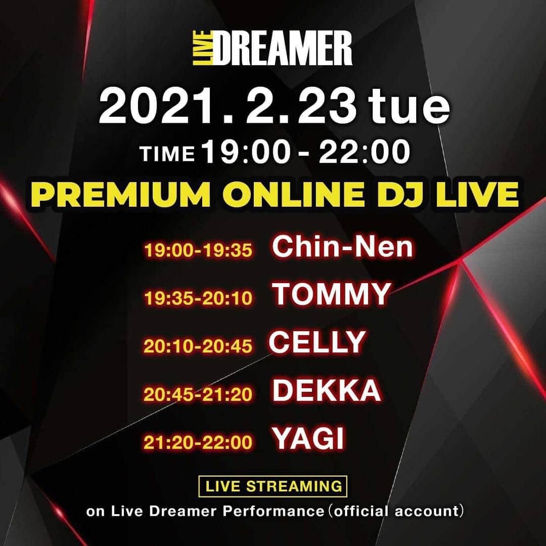 デッカチャンさんのインスタグラム写真 - (デッカチャンInstagram)「普段 DJ配信しているアプリのLiveDreamerさんの公式イベントに出演します！  『LiveDreamer Premium Online DJ Live』  2021.2.23(火) 19:00-22:00  LiveDreamerアプリ内の@livedreamerperformanceのアカウントを ダウンロードしてフォロー！してね。 DJ DEKKAの出番は20:45〜21:20です。 音符マーク♪連打で指もげ👆よろしくお願いします🥁  【DJs】 @djyagi  @dekkachan2003 @celly_cecilia  @dj.tommy1985 @djchinnen」2月10日 12時16分 - dekkachan2003