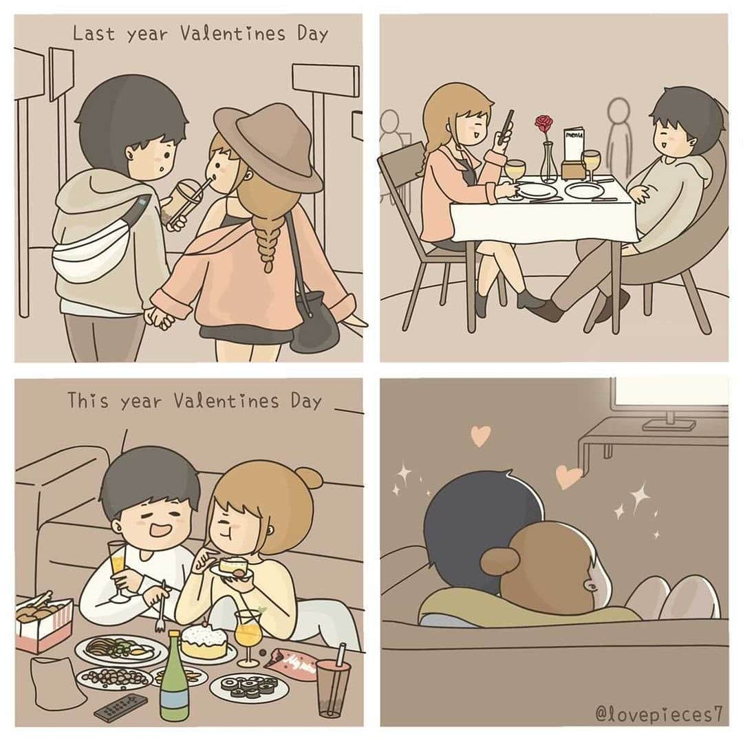 9GAGさんのインスタグラム写真 - (9GAGInstagram)「[ @Couple & @Doodles Valentine’s Day Special - 2020 🆚 2021] - Last year was a total nightmare 🤒 After a year of lockdown, things are slowly getting better and lovers have found ways to enjoy themselves on this special day, in the dreadful time 💏 - @lovepieces7 here shows us that you don’t have to go out or dine in fancy restaurants to call it a perfect #Valentine’sDay 🥂 Staying home, watching movies and eating #takeout can also be very romantic, as long as you two are together 😘 — #9GAG #Couple #ValentinesDay #Valentine #stayhome #2020 #2021 #lockdown #takeout」2月10日 13時05分 - 9gag