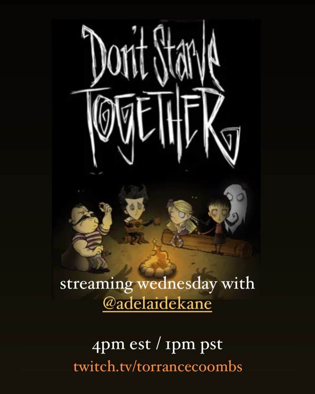 トーランス・クームスのインスタグラム：「Me ‘n @adelaidekane gon’ play together. Or more accurately, she’s going to keep me alive as I flounder desperately. 1pm PST Wednesday. Come hang with us on Twitch! Link in bio.」