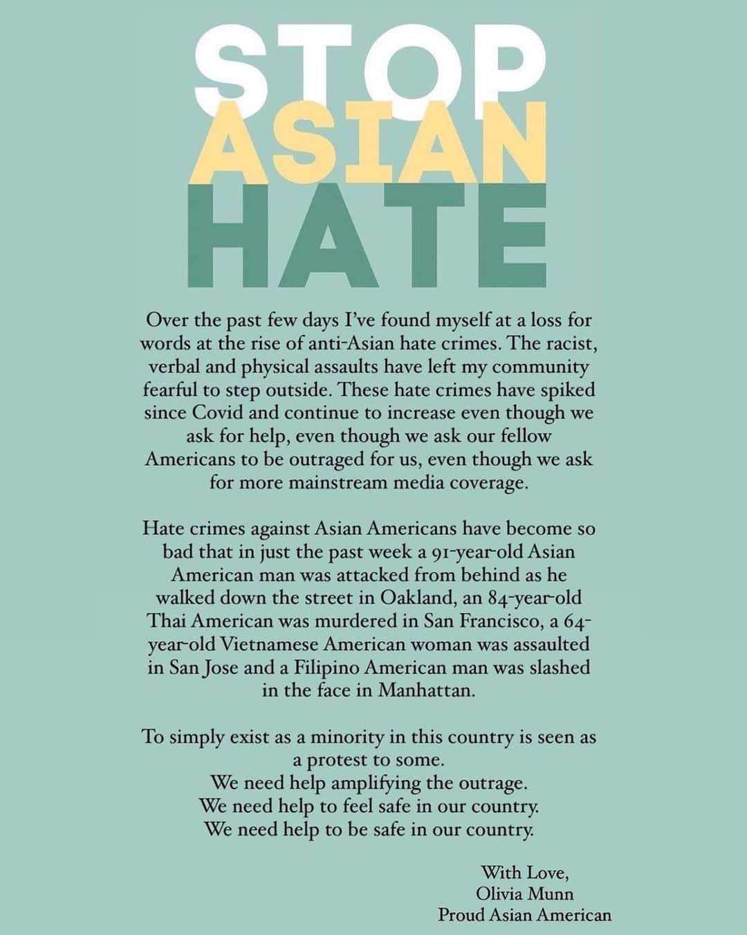 デミ・ロヴァートさんのインスタグラム写真 - (デミ・ロヴァートInstagram)「Thank you @oliviamunn for sharing and writing this. Everyone deserves to feel safe and be safe in their home, in their city, state, and country. Hate against American Asians must stop. Visit my story to help make a change and check out the tagged account that Olivia sourced to learn more.」2月10日 14時45分 - ddlovato