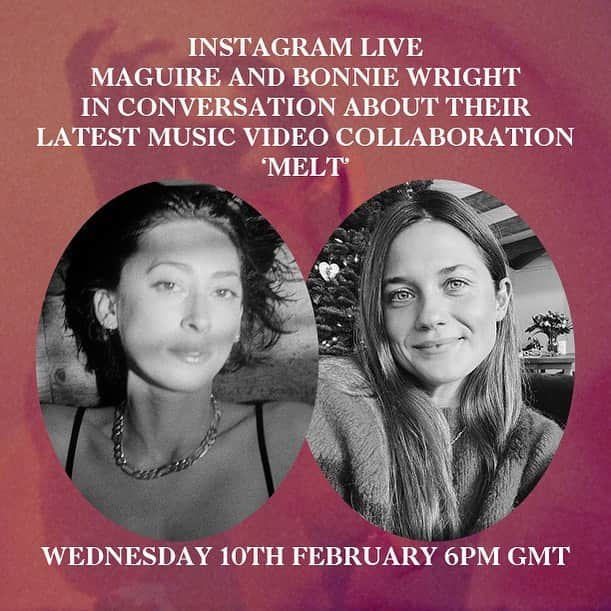 ボニー・ライトのインスタグラム：「this first time live talking about my directing work, couldn’t start with anyone better than my dear friend gillian. we will talking about the creative process behind gillian’s (@maguiremusic) new single ‘melt’ and the music video i directed for it 🖤 wednesday 10th february 6pm gmt / 10am pst」