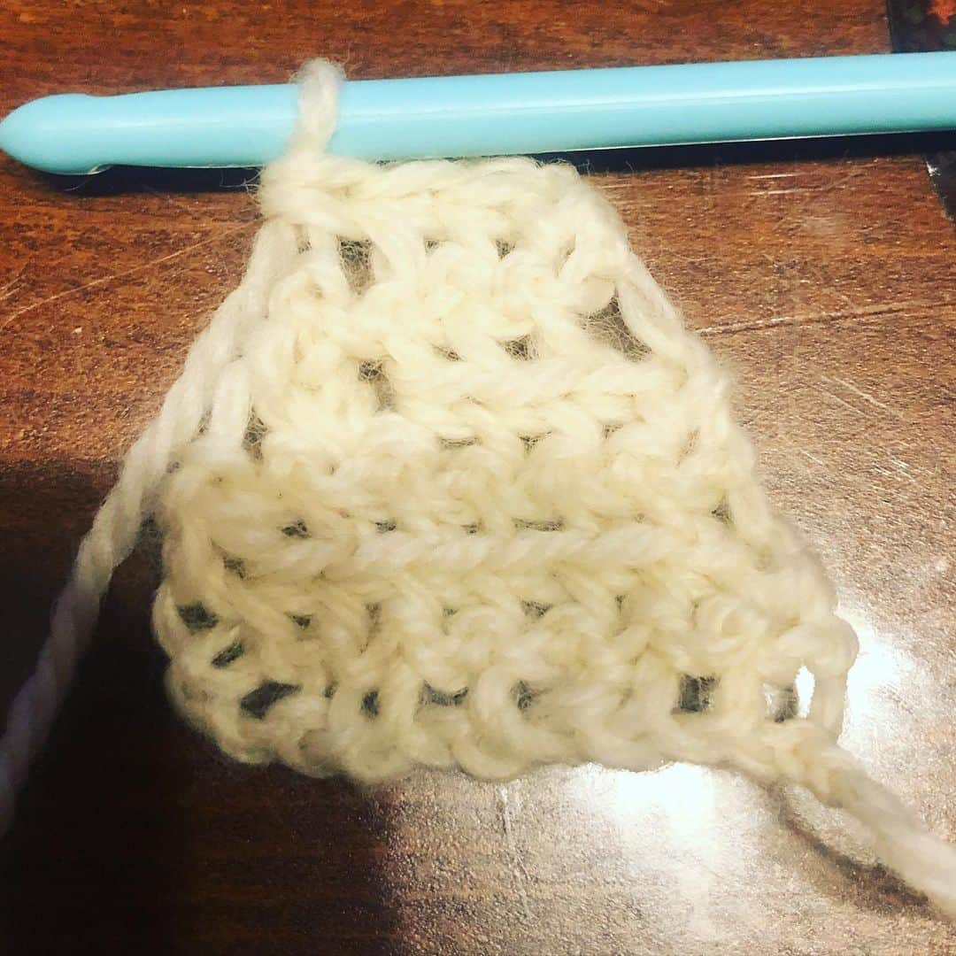 白川りさのインスタグラム：「かぎ針編みを始めました。 練習でまっすぐ長方形に編みました。 でも出来上がったのは三角です。 解せぬ(;ω;) なんで減るの！！ 不器用すぎてドゥフッてなるwww #かぎ針編み #不器用 #謎の物体 #目指せニャンモック #元気にひきこもり #元気報告」