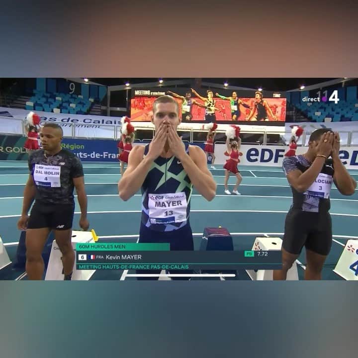 ケビン・マイヤーのインスタグラム：「Nouveau record perso sur le 60mh en 7s68 🎉 Un plaisir de courir avec les grands de la discipline」