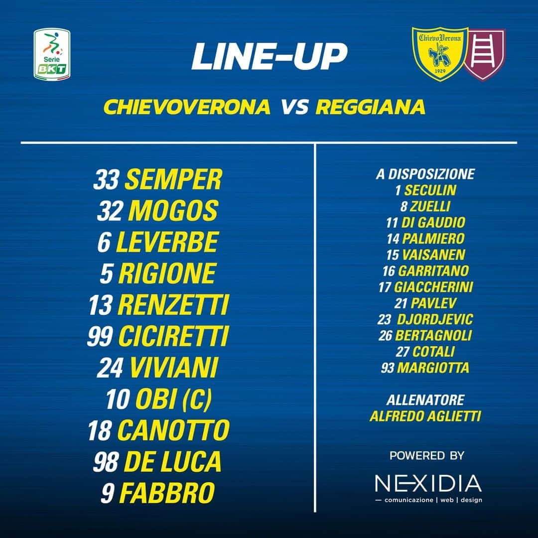 ACキエーヴォ・ヴェローナのインスタグラム：「‼️💛💙 La nostra formazione per #ChievoReggiana 💛💙‼️  #Ilnostrofolleamor #matchday #bentegodi #seriebkt #forzachievosempre #gialloblù #calcio #football」