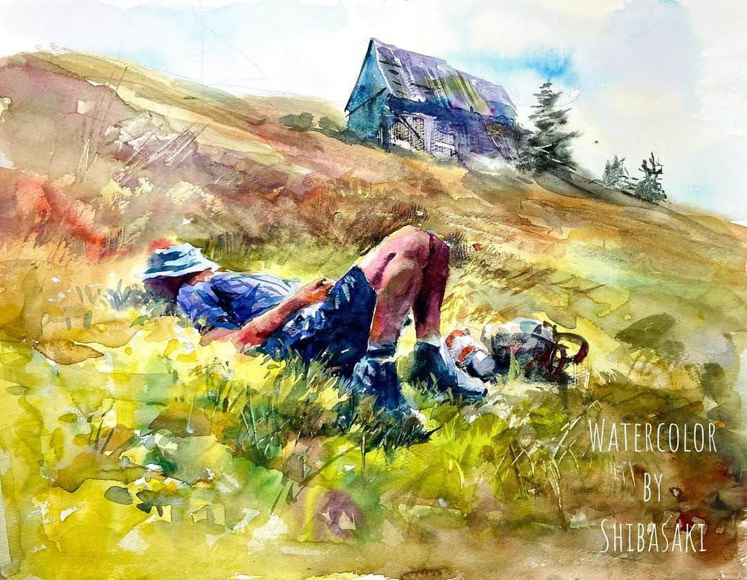 柴崎春通のインスタグラム：「Siesta  Watercolor Painting  #shiba_watercolor #watercolor #watercolorpainting #painting #drawing #art #youtube #youtuber #siesta #お昼寝 #水彩 #水彩画」