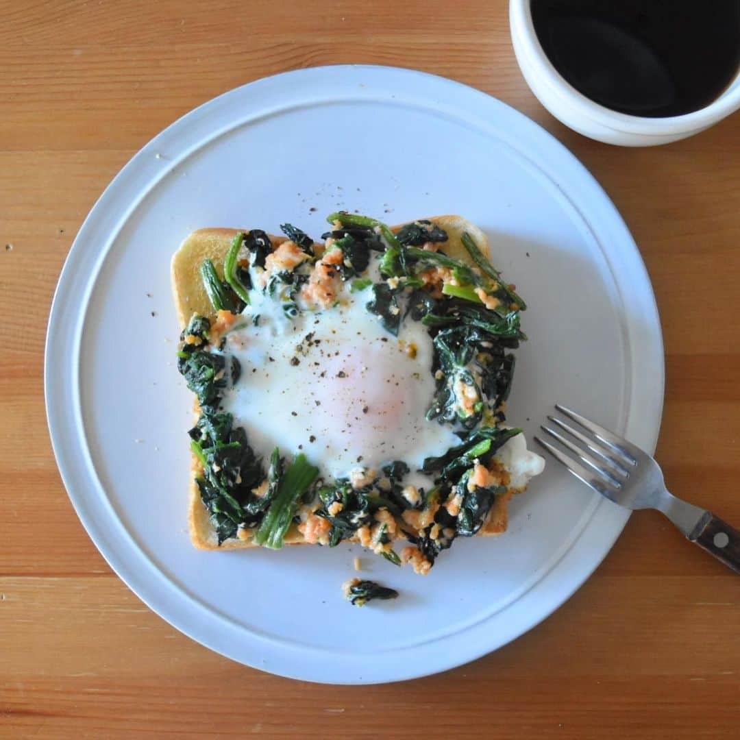 山崎佳のインスタグラム：「Yesterday’s breakfast. ほうれん草と鮭フレークと卵。ツナにするつもりがストック切らしていたので、鮭フレークで。」