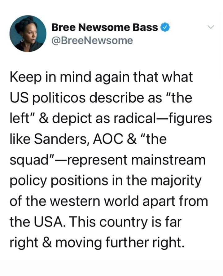 マット・マクゴリーのインスタグラム：「Context is important to understanding politics and the social conditions we live in. In U.S. politics, the range of political discourse is actually super narrow and skewed quite far to the right, even among Democrats/liberals. What are considered standard liberal ideas in the U.S. are still quite conservative if we understand the full spectrum of political ideas.⁠ ⁠ Just because things are normalized, like people not having health care, homelessness, poverty, mass incarceration, etc...doesn't mean that they're right. We need practice in imagining the kind of world that we want to live in.⁠ ⁠ Repost bree.newsome⁠」