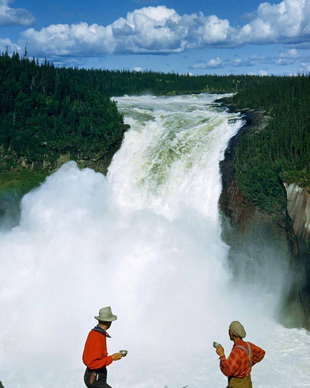 Luraのインスタグラム：「Hikers pause for coffee with a view of plunging Grand Falls in Labrador, Canada, 1951.」