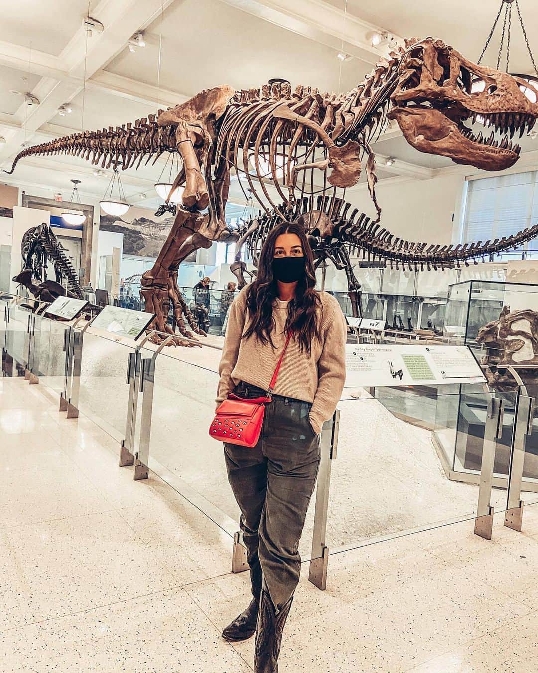 アメリカ自然史博物館のインスタグラム：「Shout out to Museum visitor @lisalollirock, who recently reunited with T. rex!🦖 Fun fact: this skeleton, on view in the Hall of Saurischian Dinosaurs, is known as AMNH 5027, and about 45 percent of the exhibit is real fossils. The specimen was found by the Museum's famous fossil hunter Barnum Brown at Big Dry Creek, Montana in the early 1900s. T. rex lived 69 to 66 million years ago, at the very end of the Late Cretaceous Period. It remains one of the world's most iconic dinosaurs. Photo: @lisalollirock, Instagram」