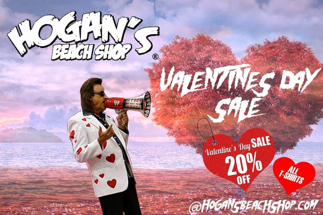 ハルク・ホーガンのインスタグラム：「💕Valentines Day Sale💕 Get your loved one the perfect Valentines Day gift at @hogansbeachshop❤️...We have all T-shirts 20% off Now, get them before time runs out💪 (LINK IS IN OUR BIO) #valentines #hulkamania #hogansbeachshop #clearwaterbeach  • @hogansbeachshop  • @hulkhogan  • @hoganshangout」