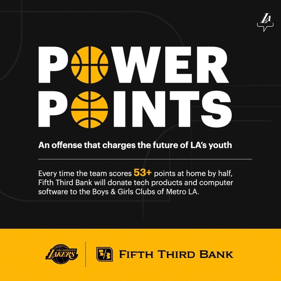 Los Angeles Lakersさんのインスタグラム写真 - (Los Angeles LakersInstagram)「We’re teaming up with @fifththirdbank. When we throw down 53+ points at home by half, they’ll power the future of youths from the Boys & Girls Clubs of Metro LA.」2月11日 6時00分 - lakers