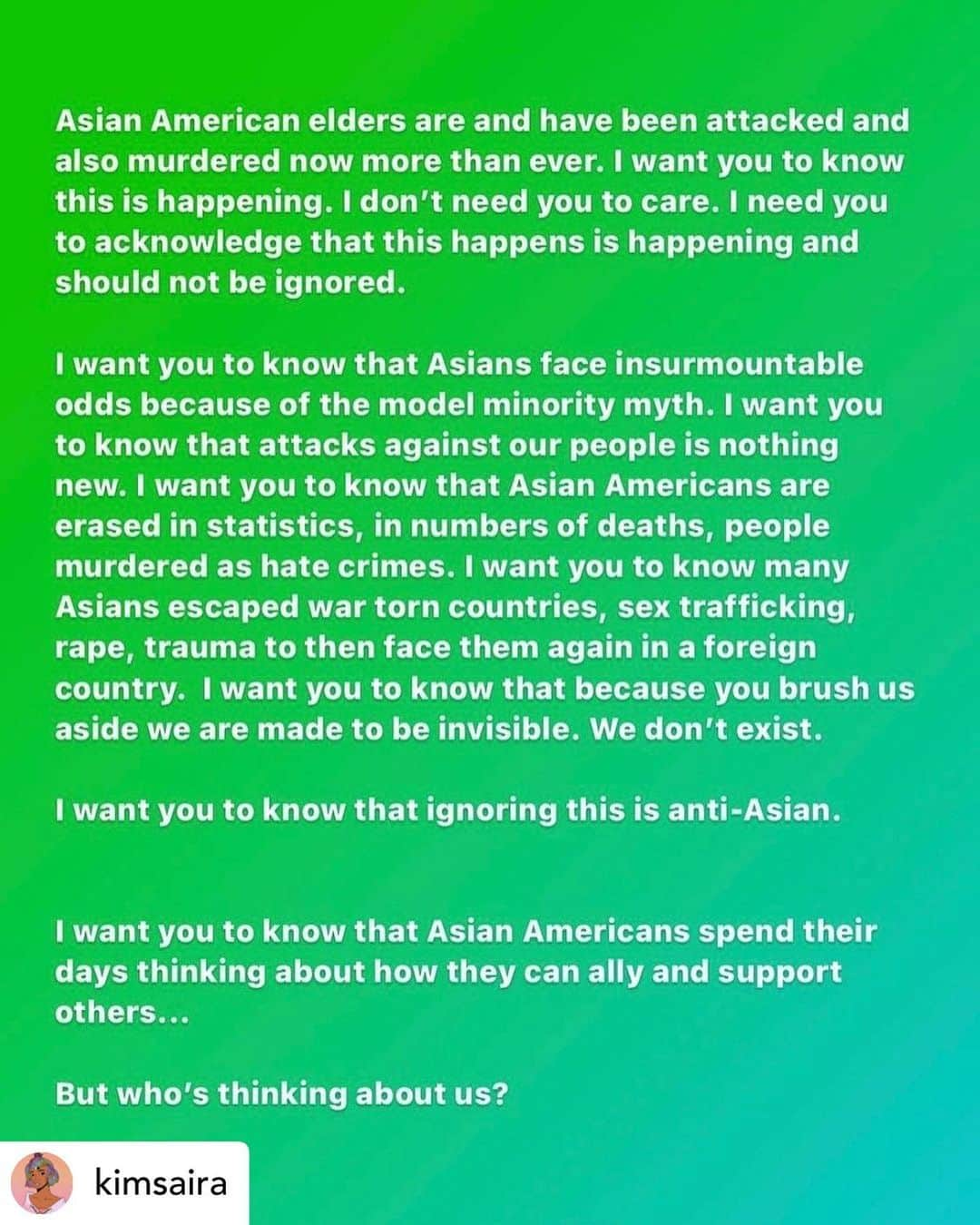 カーステン・ヴァングスネスさんのインスタグラム写真 - (カーステン・ヴァングスネスInstagram)「REPOST• @kimsaira Include Asian Americans in your anti-racism work. Due to covid, Asians have seen a spike of xenophobia & racist hate crimes all throughout the world that need to be spoken about & accounted for. 〰️ Historically, Asians have faced disparities such as the model minority myth. The model minority myth was created by Americans during post WWII, to portray the narrative that Asian immigrants successfully assimilated, despite experiencing racism in America. 〰️ This is not only harmful & incredibly racist, but farther from the actual truth.  〰️ The model minority myth was created to pit Asians against other BIPOC races, especially during a time where mass Asian immigration was happening in America.  〰️ Also, it fails to recognize the different experiences of all different Asian racial groups, & also ignores Southeast Asian populations such as Thai, Vietnamese, Philippines, Hmong, Laotian, & Cambodian, South Asians such as India, Sri Lanka and Nepal, as well as Indigenous people. It diminishes their real struggles, & wipes away their history & trauma. 〰️ + Due to the model minority myth, people have grouped Asian Americans with the likeness of white people.  〰️ Please support and stand up for Asian American communities. Remember them in your anti-racism work. Hate crimes are happening everywhere, we need the media to be covering them, & there needs to be accountability for them.  〰️ ✨The quote + last slide are from @seoulcialite!!」2月11日 6時08分 - kirstenvangsness