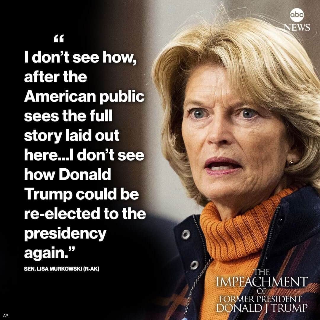 ABC Newsさんのインスタグラム写真 - (ABC NewsInstagram)「GOP Sen. Lisa Murkowski: "I don't see how, after the American public sees the full story laid out here...I don't see how Donald Trump could be re-elected to the presidency again."」2月11日 7時57分 - abcnews