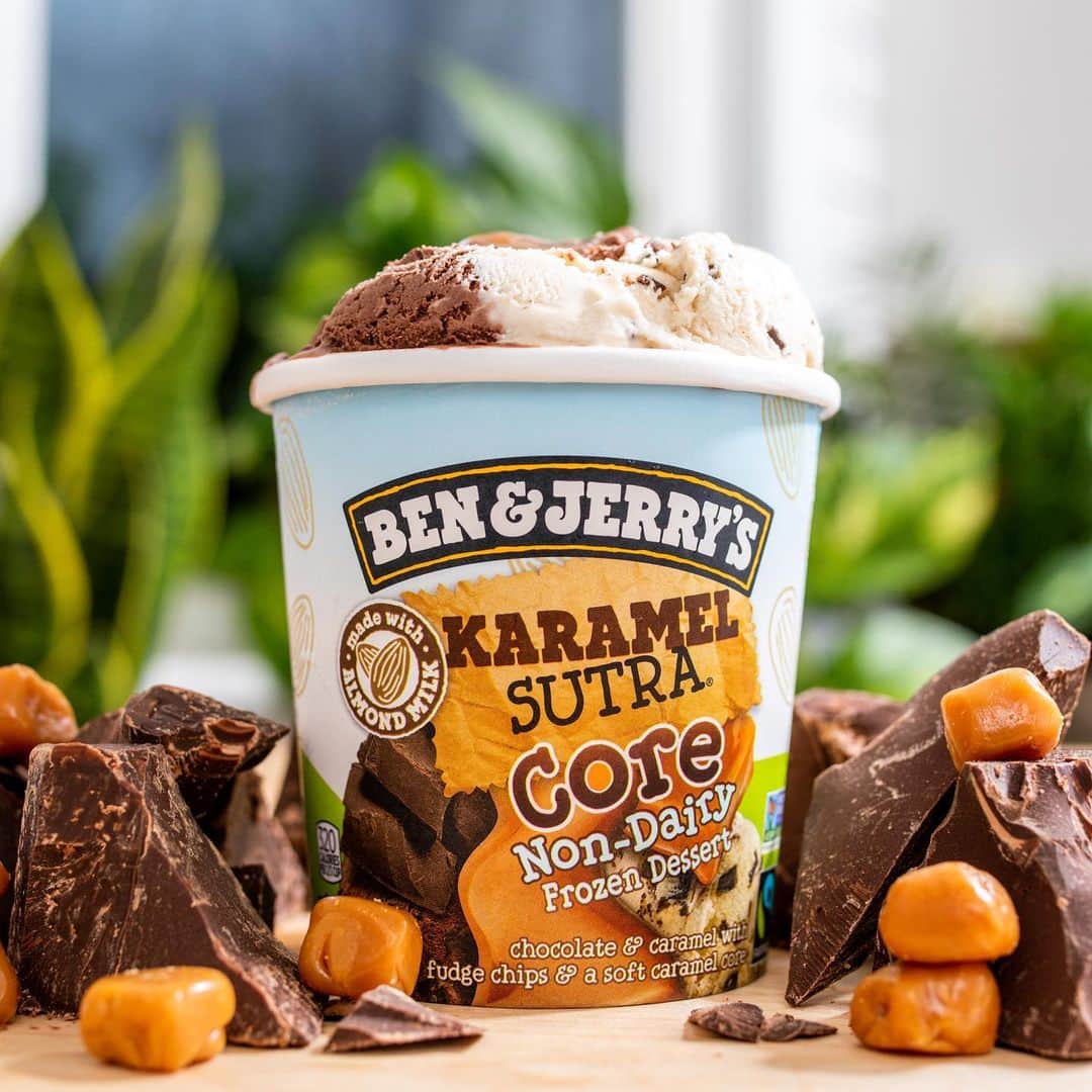 Ben & Jerry'sのインスタグラム：「Happy hump day, Karamel Sutra lovers! Have you met Karamel Sutra Core Non-Dairy? This indulgent flavor is now also available as a certified #vegan pint! Find it near you at the link in our bio.」