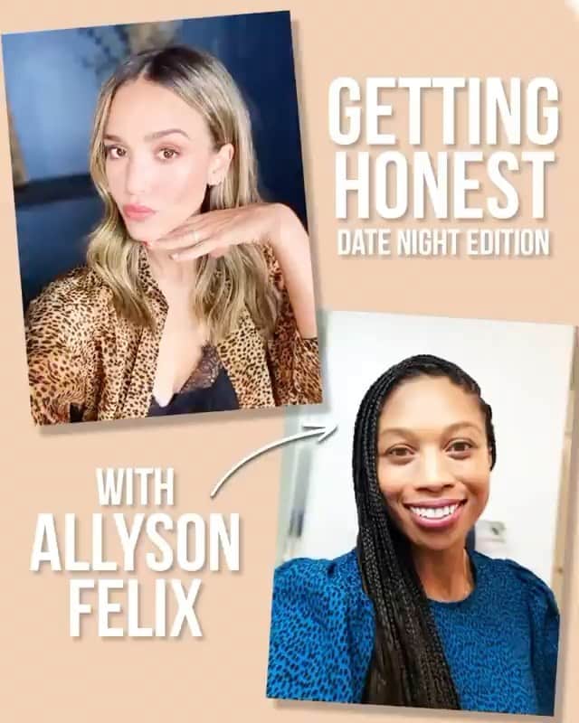 アリソン・フェリックスのインスタグラム：「Had the best time #GettingHonest with my girl @JessicaAlba! Sis drops all the tips for date night glam.💁🏽‍♀️💄We also chat about all the things! 🏃🏽‍♀️👨‍👩‍👦💪🏾 Link in bio to check it out.」