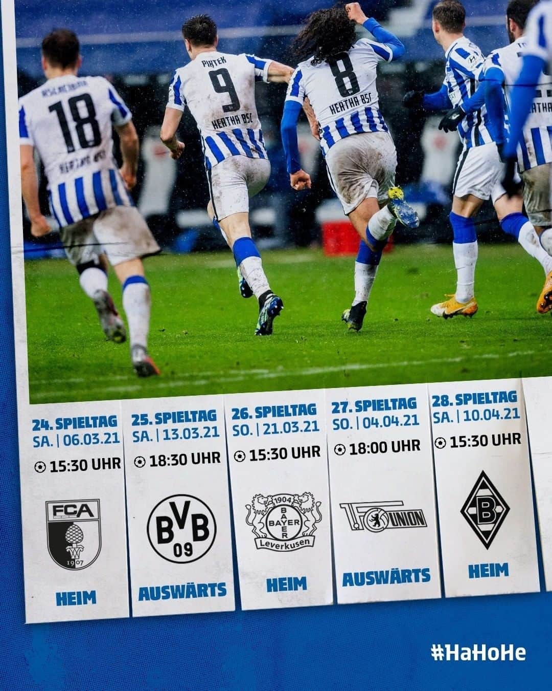 ヘルタ・ベルリンのインスタグラム：「Die DFL hat die Spieltage 24 bis 28 zeitgenau angesetzt. ⏰ Unseren Fahrplan für März und Anfang April seht ihr hier! ⬇️ @bundesliga  . . #HaHoHe #herthabsc」