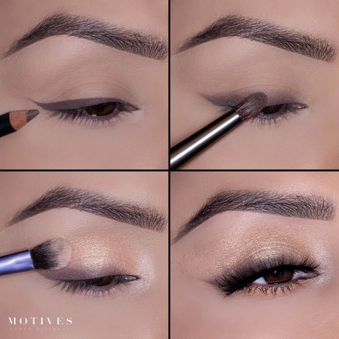 Motives Cosmeticsのインスタグラム：「A soft glossy glam that will have you ready for anything ✨ Tutorial below. Tap to shop the look 🖤   1️⃣ Begin by lining the eye using the Motives for @lala Mineral Khol Eyeliner in “Earth” 2️⃣Using a small fluffy brush and “Wink 2” from the @thalia BESOS Palette, smudge out the liner 3️⃣Taking “Bronzed & Glitz” from the That Glow Tho Palette, apply to the entire lid and blend into crease. Use the shade “Bling” to highlight the inner corner of the eye 4️⃣Taking “Wink 3” from the #thaliaxmotives BESOS palette, apply underneath the lower lash line.  5️⃣Apply your Fiber Lush Mascara and falsies if desired.」