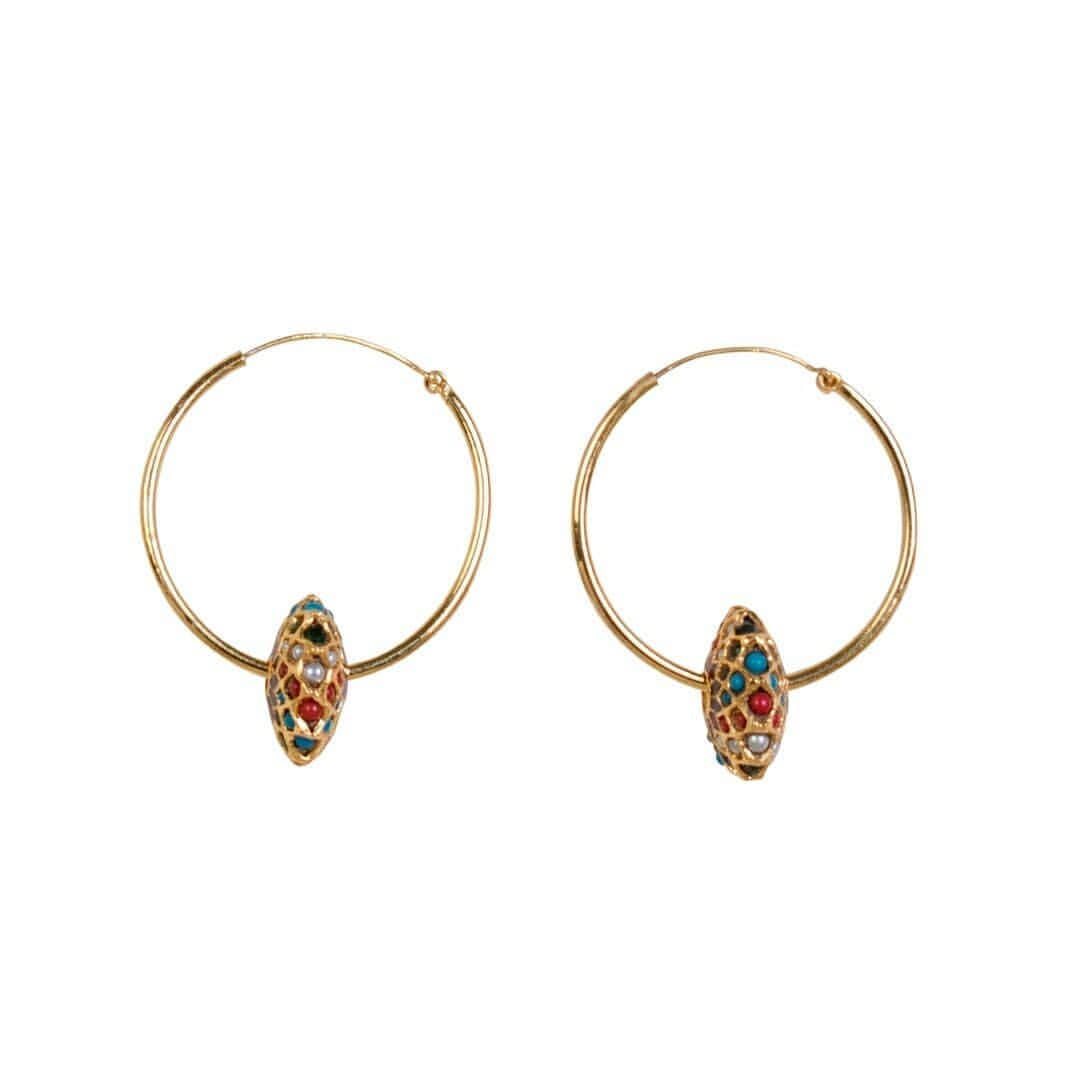 ミーガンパークさんのインスタグラム写真 - (ミーガンパークInstagram)「THEY'RE BACK! The popular Arti Hoop Earrings are now back in stock. Find them in store and online. These special hoop earrings feature a suspended gold foiled bauble inlaid with ruby, pearl, turquoise and sapphire glass and enamel beads x」2月11日 16時20分 - _meganpark