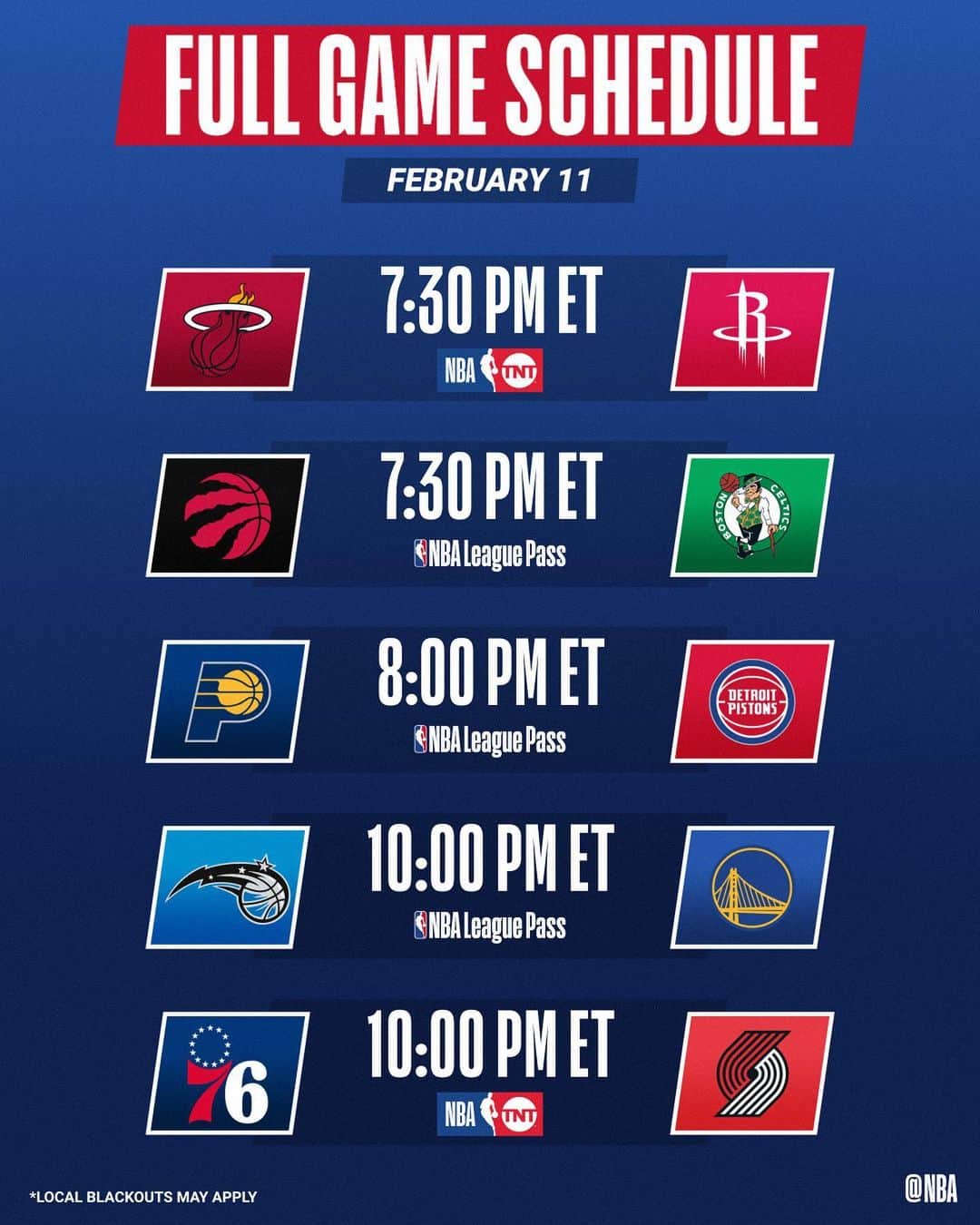 NBAさんのインスタグラム写真 - (NBAInstagram)「5 games tonight.. including a great @nbaontnt doubleheader!  7:30pm/et: @miamiheat/@houstonrockets 10:00pm/et: @sixers/@trailblazers」2月11日 23時55分 - nba