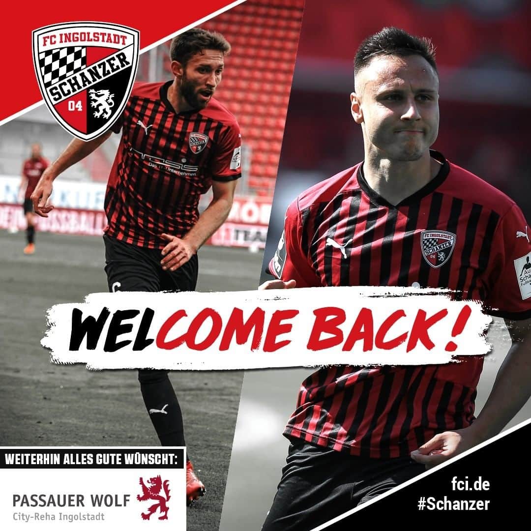 FCインゴルシュタット04のインスタグラム：「Nach 13 bzw. 12 verpassten Spielen: Zwei Comebacker beim 2:1-Wahnsinn gegen den @fcviktoriakoeln‼️🖤❤ Die #Schanzer & das #PassauerWolf Zentrum wünschen euch weiterhin das Allerbeste, @rico_preissinger & @dominik.23 🍀 Bleibt gesund! 👍 . . #RicoPreißinger #Preißinger #Preiße #DominikFranke #Franke #Dome #schanzerdassindwir #Schanzerfürimmer #Ingolstadt #FCI #FCIngolstadt #3Liga #zeigtsuns #fu3ball #soccer #fussball #football #futbol #immerweiter #zamhoidn #Team #dahoam #Comeback #einTEAM #Heimsspiel #Heimsieg #ViktoriaKöln #FCIVIK」