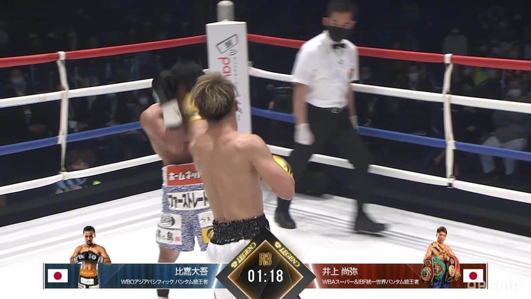 のインスタグラム：「井上尚弥VS比嘉大吾 井上選手ヤバ過ぎた。差はあるとは予想してたけど、流石にここまでレベル違うとは。。本当は比嘉選手も化け物級に強いはずなのに…。 パンチの音、スピード、距離感、井上選手のはもう次元が違った。 なんかもう最高級の芸術作品見た様な気分。ボクシングってすげぇ…。 #井上尚弥 #比嘉大吾 #LEGEND」