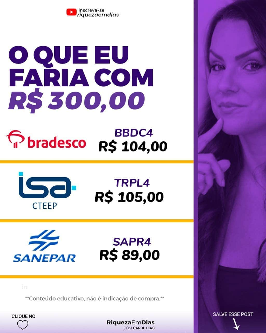 Carol Diasさんのインスタグラム写真 - (Carol DiasInstagram)「É A HORA DE APRENDER A INVESTIR! . A lógica é a mesma independente do valor, nesse eu investiria em três boas empresas brasileiras e consideradas perenes (mais seguras para investir)  . Quer aprender os passos para começar a investir ? . 📌Marque um amigo nos comentários e digita EU QUERO . Quer irei te ensinar como investir nesses ativos. . . . . 🔴 Não é indicação de compra ou venda, conteúdo é educativo. . #investimentos #dinheiro #empreendedorismo  #investimento  #fundosimobiliários #investir  #trader  #mercadofinanceiro #bolsadevalores  #finanças  #fiis  #economia #finançaspessoais #planejamentofinanceiro #investidor  #liberdadefinanceira  #investidorinteligente #caroldias #rendavariavel #ações #comoinvestir #educaçãofinanceira #buyandhold #voabrasil #riquezaemdias #dividendos #acoes #ações #reits #reit」2月12日 0時18分 - caroldias