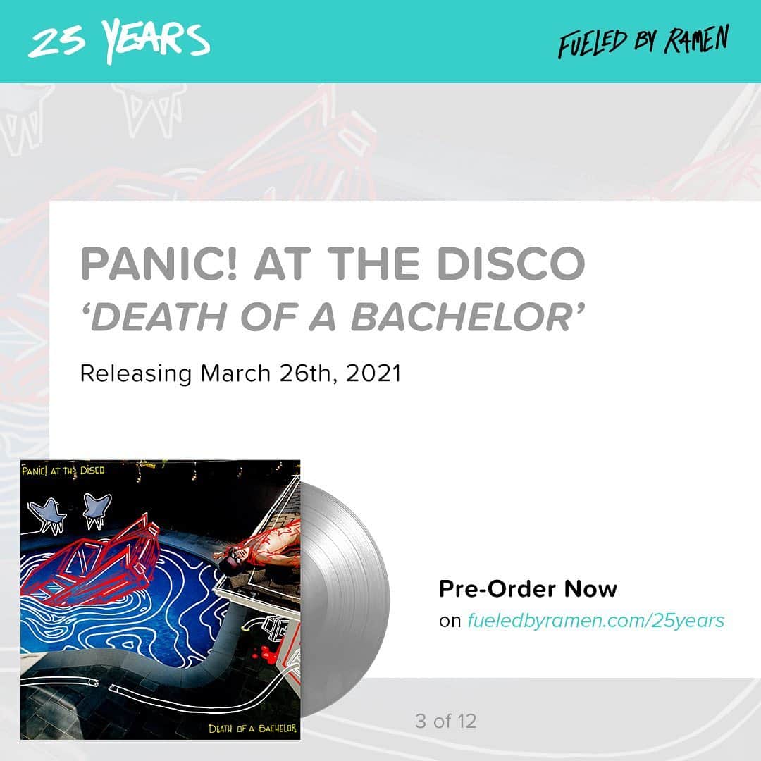 Fueled By Ramenのインスタグラム：「Celebrating 25 Years of Fueled By Ramen. The Silver Vinyl Reissue of @panicatthedisco ‘Death of a Bachelor’ will release on March 26th. Link in story. #NoFoodNoSleepJustRecords」