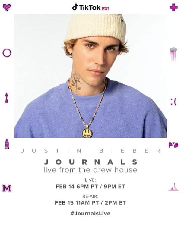 ジャスティン・ビーバーのインスタグラム：「Excited for this one. Don’t miss it. Journals live from the @drewhouse on @tiktok」