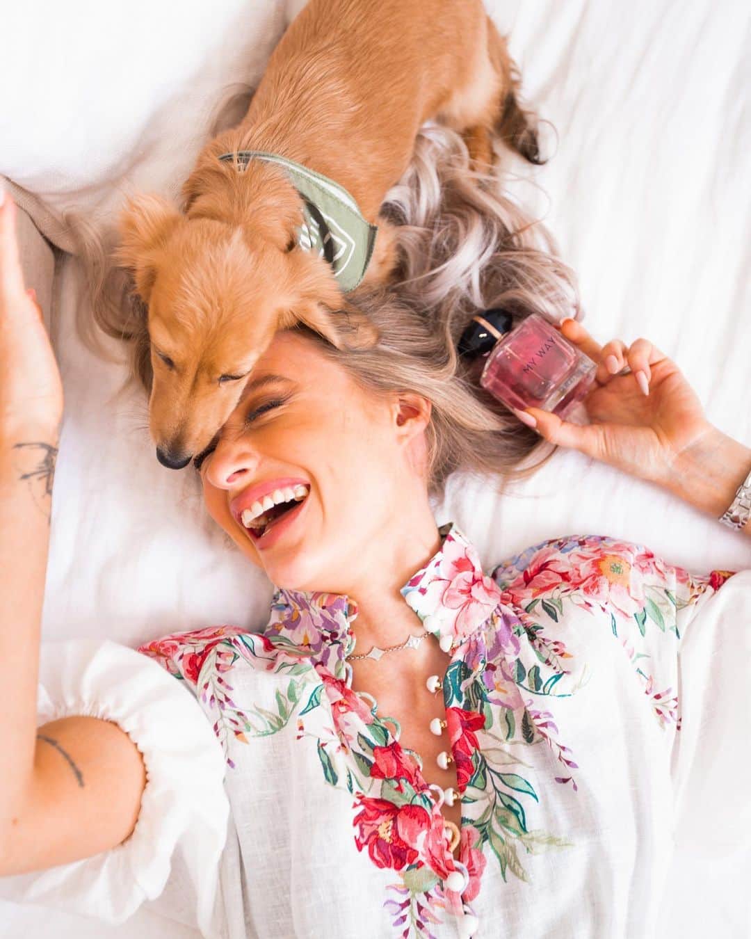 ビクトリアのインスタグラム：「ad. I am what I live. Right now that is a new phase of my life as a dog mama, as a wife, as someone who is aiming higher than she ever has before. But I couldn’t do any of this without my boys around me. Swipe along for the other love of my life ❤️ Whilst myself and Alex see our Wedding Day as the best day of our lives, it’s definitely on par with the moment we brought home our baby boy and became puppy parents. He’s genuinely the best thing that ever happened to us ❤️ What day do you keep close to your heart? #ArmaniMyWay is available on next day delivery from @bootsuk!」